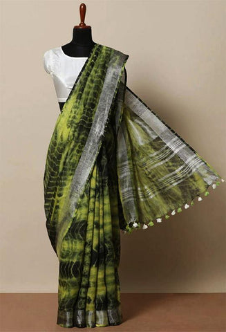 Green Colored Khadi Linen Saree With Shibori Work - Designer mart