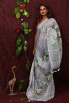 Grey Floral Digital Printed Linen Women Dupatta - Designer mart