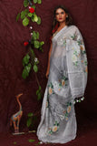 Grey Floral Digital Printed Linen Women Dupatta - Designer mart