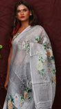 Grey Floral Digital Printed Linen Women Dupatta - Designer mart