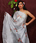 Grey Floral Digital Printed Linen Women Dupatta - Designer mart