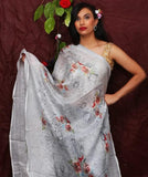 Grey Floral Digital Printed Linen Women Dupatta - Designer mart