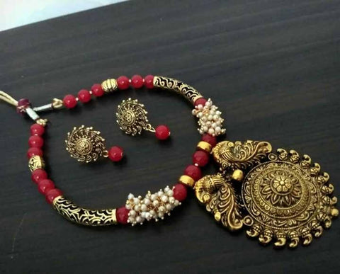 lahariya oxidized necklace red - Designer mart