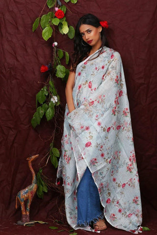 Light Blue Floral Digital Printed Linen Women Dupatta - Designer mart
