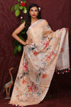 Light Orange Floral Digital Printed Linen Women Dupatta - Designer mart