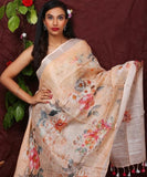 Light Orange Floral Digital Printed Linen Women Dupatta - Designer mart