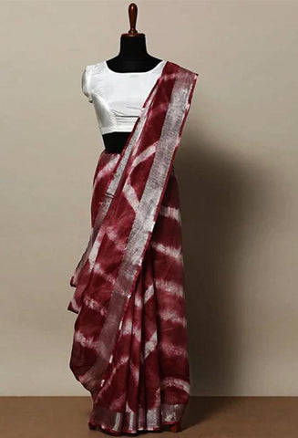 Maroon Colored Khadi Linen Saree With Shibori Work - Designer mart
