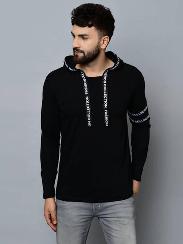 Men's Black Cotton Self Pattern Hooded Tees - Designer mart