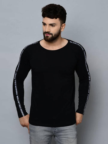 Men's Black Cotton Self Pattern Round Neck Tees - Designer mart