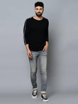 Men's Black Cotton Self Pattern Round Neck Tees - Designer mart