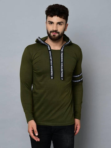 Men's Green Cotton Self Pattern Hooded Tees - Designer mart