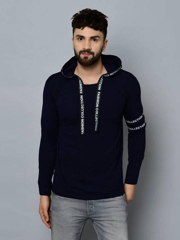 Men's Navy Blue Cotton Self Pattern Hooded Tees - Designer mart
