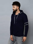 Men's Navy Blue Cotton Self Pattern Hooded Tees - Designer mart