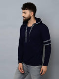 Men's Navy Blue Cotton Self Pattern Hooded Tees - Designer mart