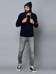 Men's Navy Blue Cotton Self Pattern Hooded Tees - Designer mart