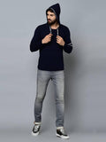 Men's Navy Blue Cotton Self Pattern Hooded Tees - Designer mart