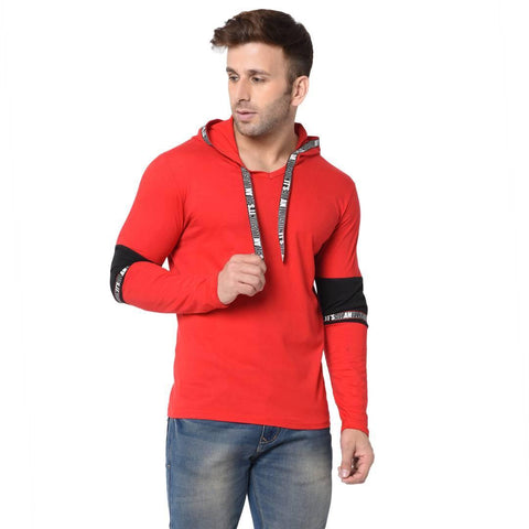 Men's Red Typography Cotton Self Pattern Hooded T-Shirt - Designer mart