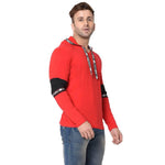 Men's Red Typography Cotton Self Pattern Hooded T-Shirt - Designer mart