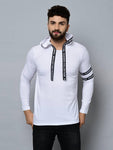 Men's White Cotton Self Pattern Hooded Tees - Designer mart