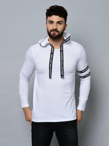 Men's White Cotton Self Pattern Hooded Tees - Designer mart