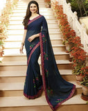 Mesmerising Navy Blue-Purple Designer Printed Georgette Saree - Designer mart