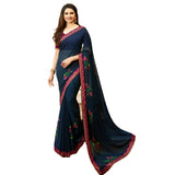 Mesmerising Navy Blue-Purple Designer Printed Georgette Saree - Designer mart