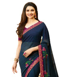 Mesmerising Navy Blue-Purple Designer Printed Georgette Saree - Designer mart