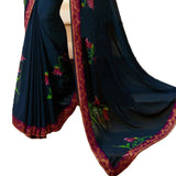 Mesmerising Navy Blue-Purple Designer Printed Georgette Saree - Designer mart