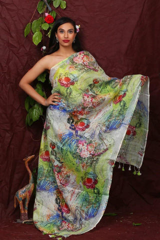 Multi color Floral Digital Printed Linen Women Dupatta - Designer mart