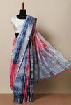 Navy Blue & Pink Colored Khadi Linen Saree With Shibori Work - Designer mart