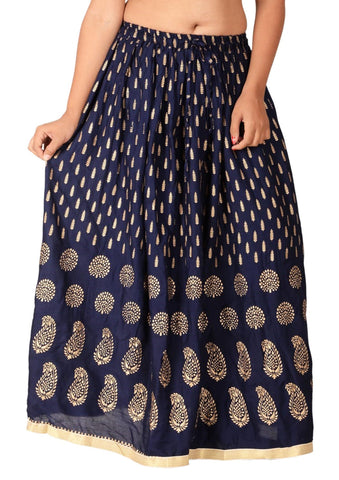 Navy Blue Ethnic Print Maxi Skirt - Designer mart