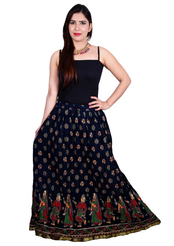 Navy Blue Ethnic Print Maxi Skirt - Designer mart