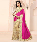 Net And Satin chiffon Party Wear Half N Half Saree In Beige And Pink Color - Designer mart