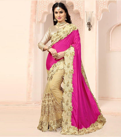 Net And Satin chiffon Party Wear Half N Half Saree In Beige And Pink Color - Designer mart