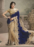 Net And Velvet Party Wear Half N Half Saree In Beige And Blue Color - Designer mart