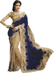 Net And Velvet Party Wear Half N Half Saree In Beige And Blue Color - Designer mart