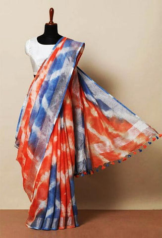 Orange & Blue Colored Khadi Linen Saree With Shibori Work - Designer mart