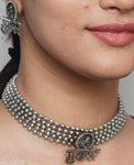 Oxidized silver color necklace set with earrings - Designer mart