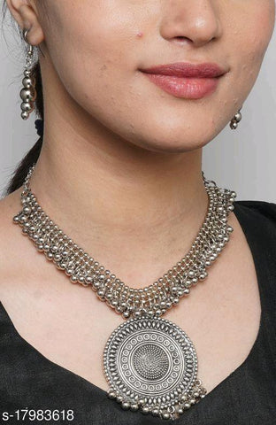 Oxidized silver color necklace set with earrings - Designer mart