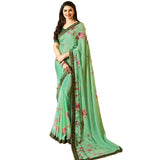 Pastel Green With Dark Green Border Digital Printed Georgette Saree - Designer mart