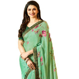 Pastel Green With Dark Green Border Digital Printed Georgette Saree - Designer mart