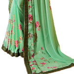 Pastel Green With Dark Green Border Digital Printed Georgette Saree - Designer mart