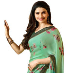 Pastel Green With Dark Green Border Digital Printed Georgette Saree - Designer mart