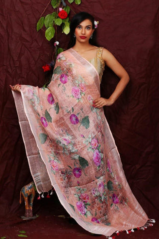 Peach Floral Digital Printed Linen Women Dupatta - Designer mart