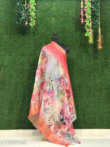 Peach Floral Digital Printed Linen Women Dupatta - Designer mart