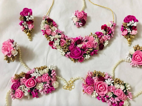 Pink Bridal Flower Jewellery Set with Earrings, Bracelet & Maang Tika - Designer mart