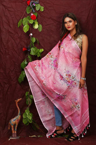 Pink Floral Digital Printed Linen Women Dupatta - Designer mart