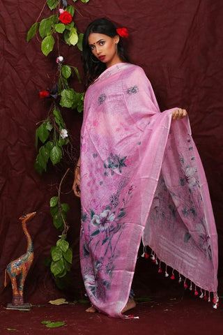 Pink Floral Digital Printed Linen Women Dupatta - Designer mart