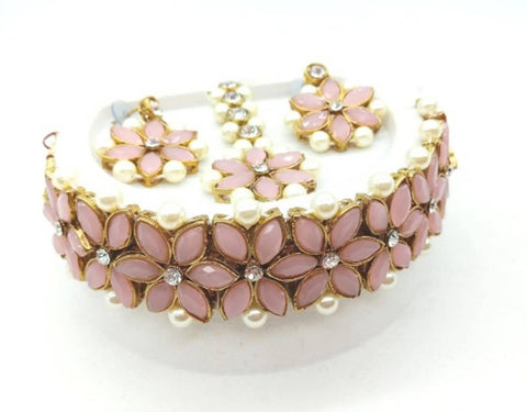 Pink Stone Choker Set With Earring and Mang Tika - Designer mart