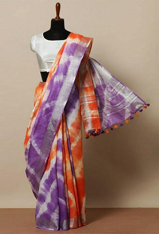 Purple & Orange Colored Khadi Linen Saree With Shibori Work - Designer mart
